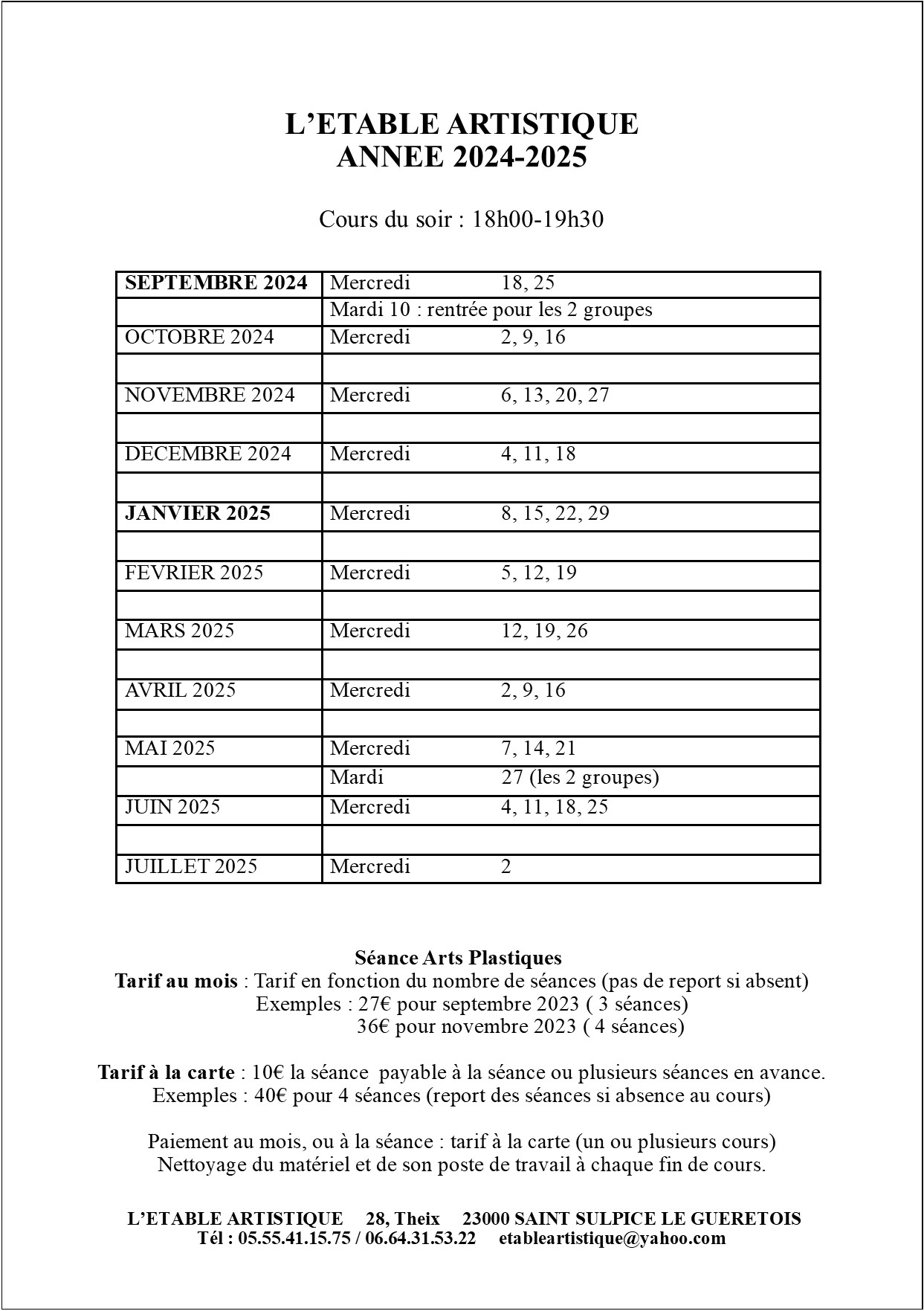 Planning 2024 2025 cours Enfants du mercredi soir Planning cours Enfants du mercredi soir